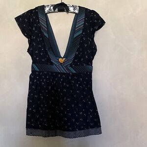 Free People Purple and Teal Striped V-Neck Top size 10